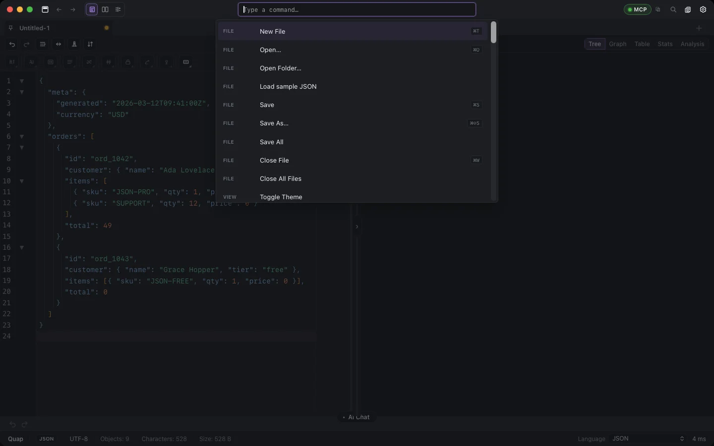 Command palette with a filtered command list