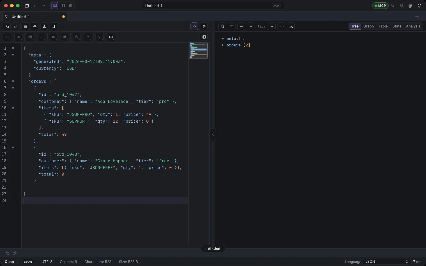 Quap main window with the editor, tree preview and AI chat