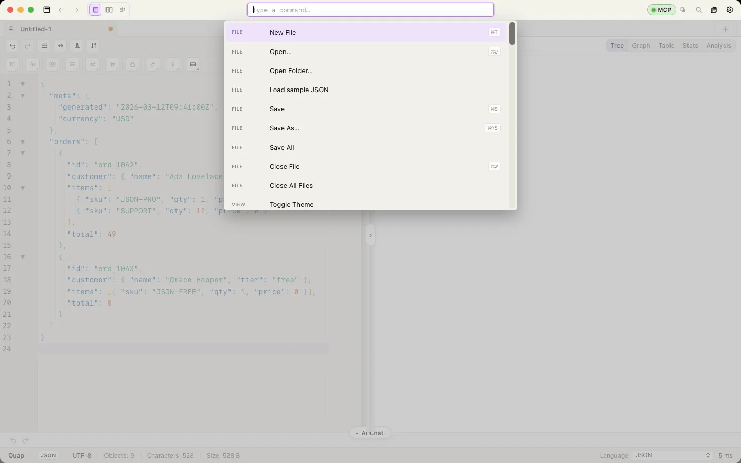 Command palette with a filtered command list