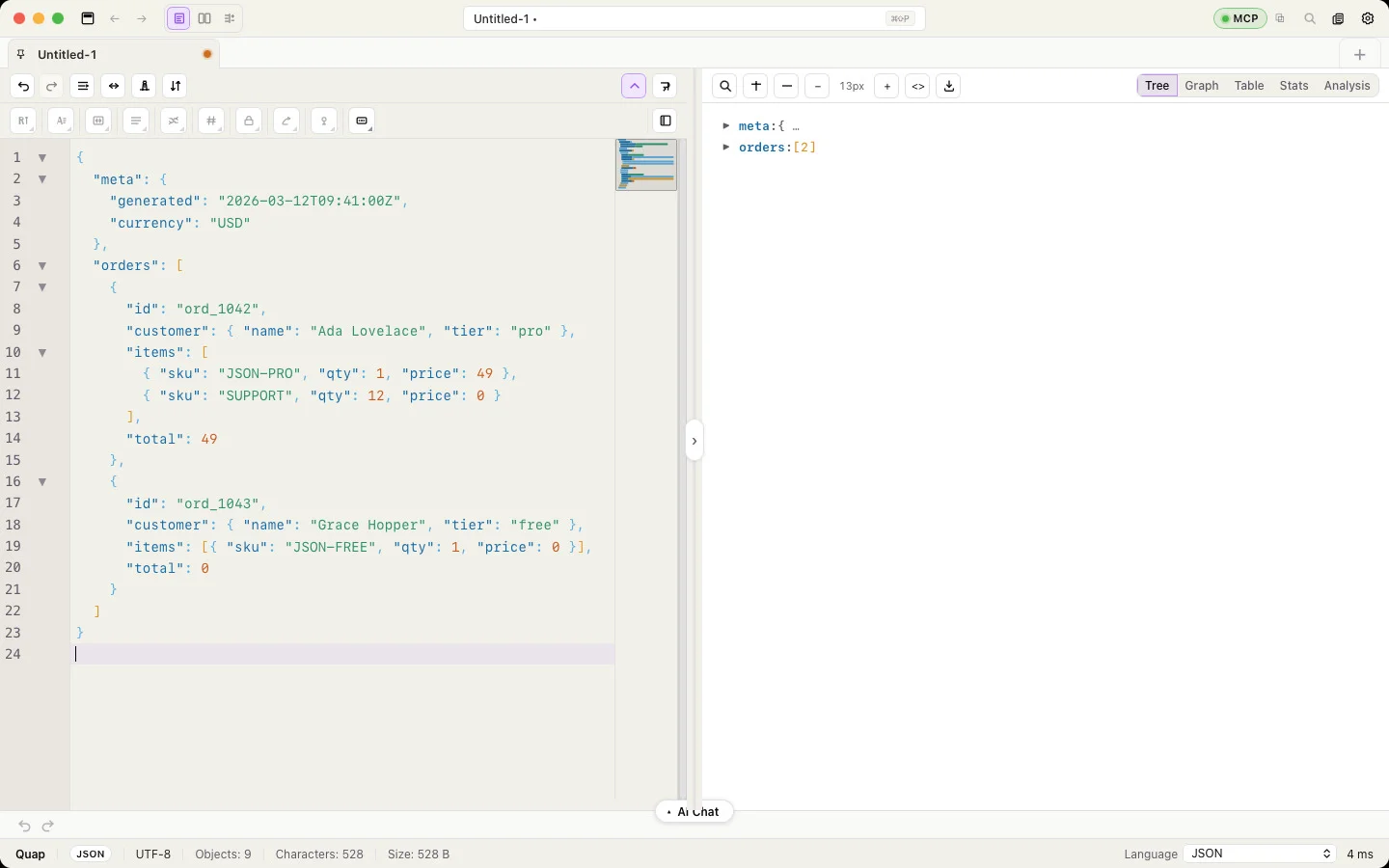 Quap main window with the editor, tree preview and AI chat